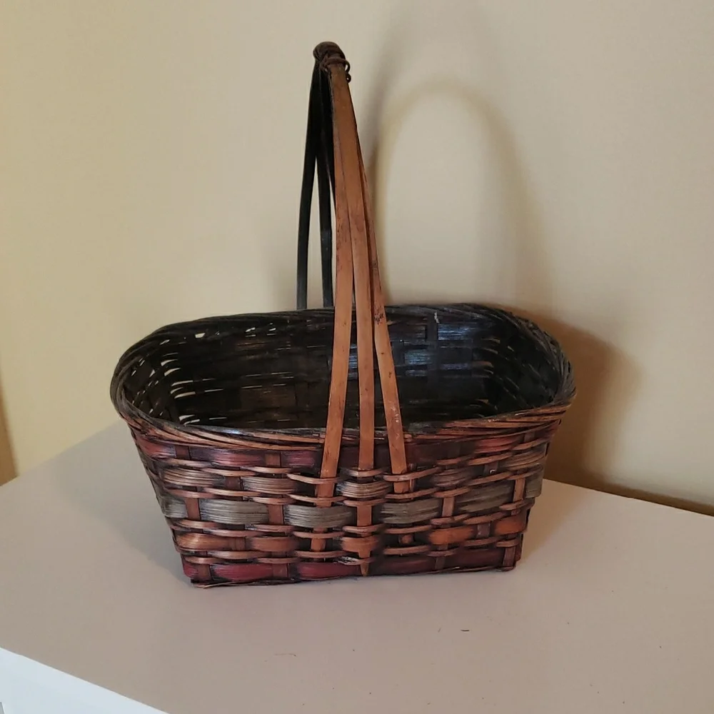 Woven Basket with Handle- Brown W/ Subtle Burgandy & Green Tones
